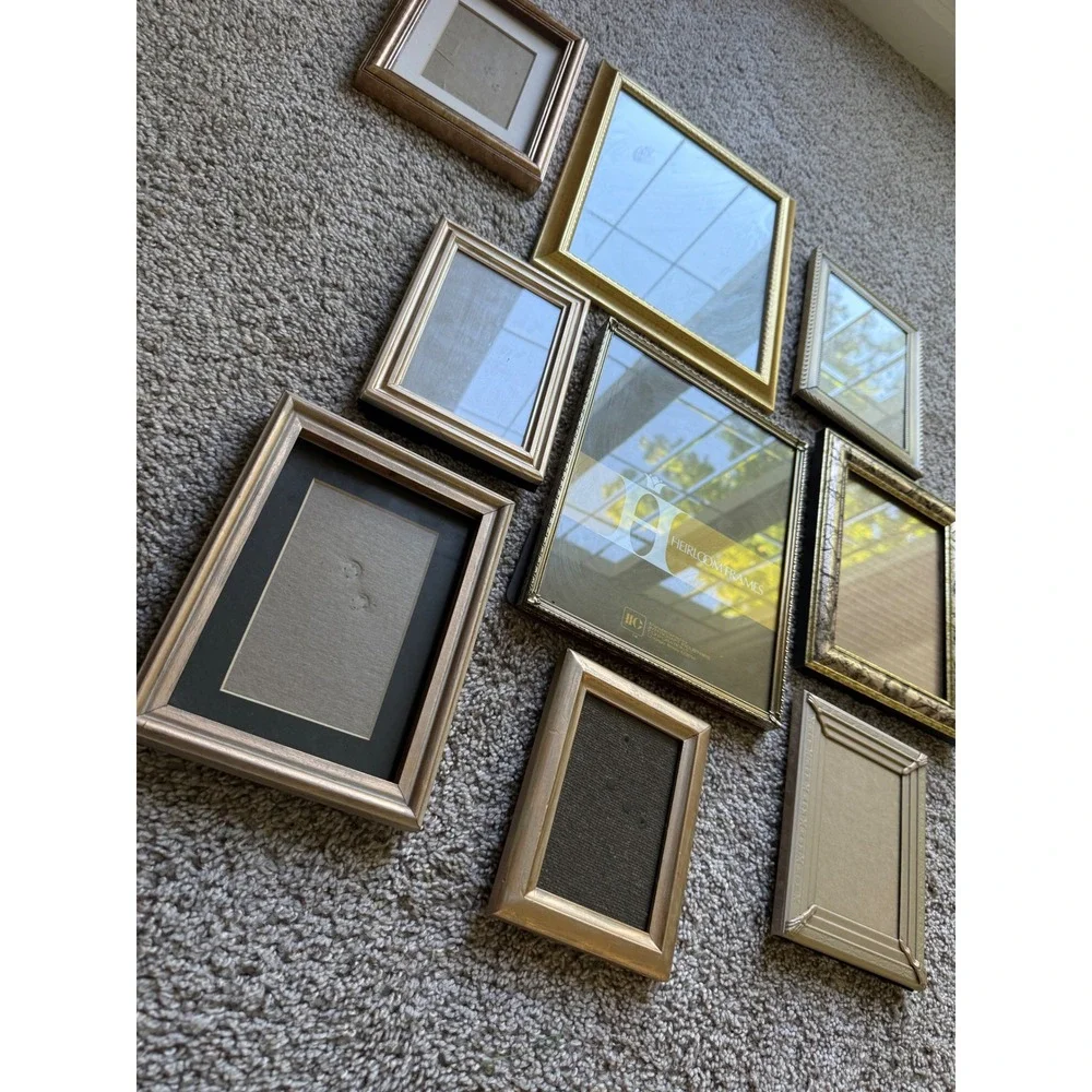 Mixed Lot of 9 Gold tone Picture Frames Vintage Gallery Wall Set
